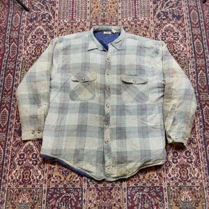 VTG 70s Northwest Blue Quilted Lined‎ Plaid Flannel Shirt Jacket XL RUST STAIN